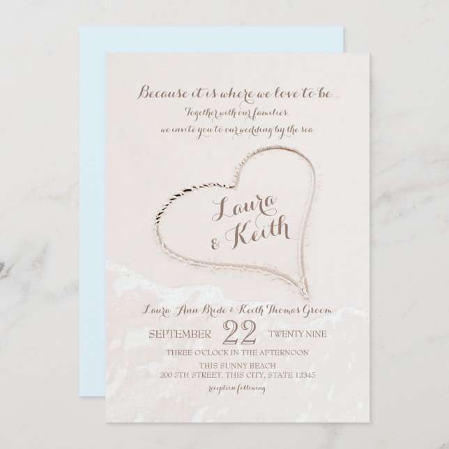 Heart in Sand Beach Wedding Invitation (Front/Back)