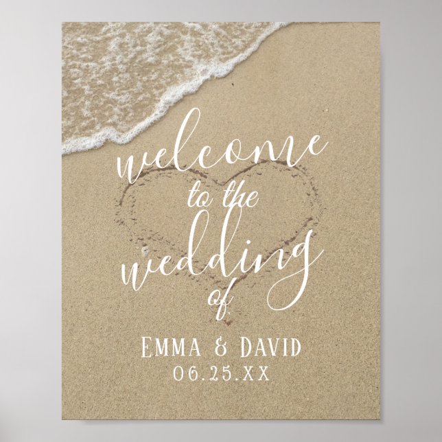 Heart in the Sand Beach Wedding Welcome Poster (Front)
