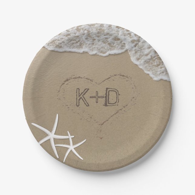 Heart in the Sand Starfish Summer Beach Wedding Paper Plate (Front)