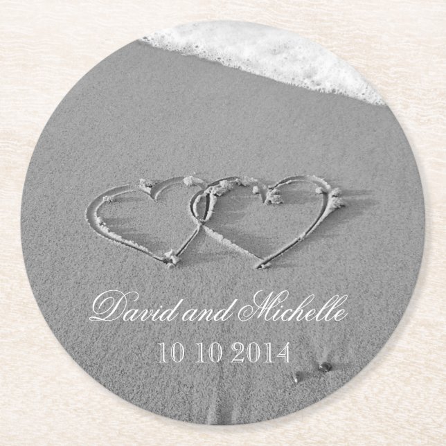 Heart in the sand wedding party paper coasters (Front)