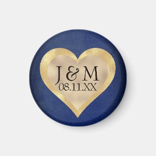 Heart Initials on Navy Blue & Gold Wedding Magnet