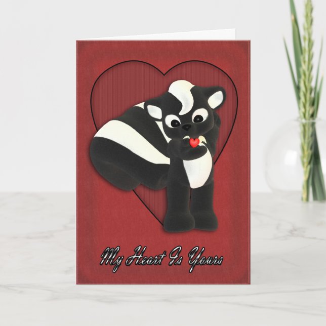 Heart is Yours Cute little Skunk with flying heart Holiday Card (Front)