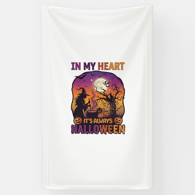 Heart Its Always Halloween Witch Cauldron Tree Moo Banner (Vertical)
