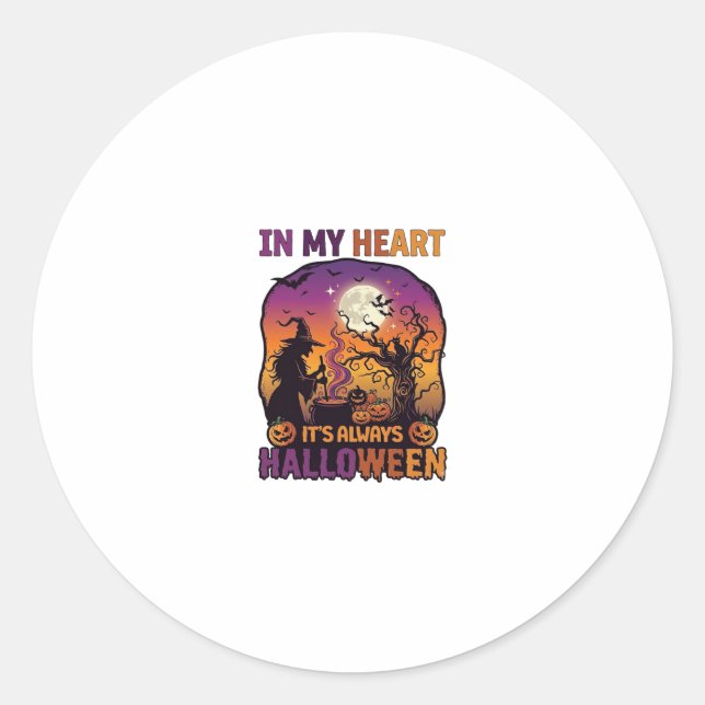 Heart Its Always Halloween Witch Cauldron Tree Moo Classic Round Sticker (Front)