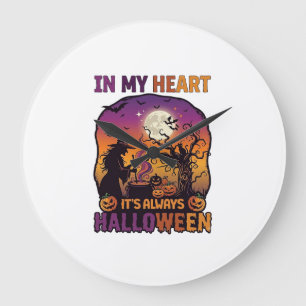 Heart Its Always Halloween Witch Cauldron Tree Moo Large Clock