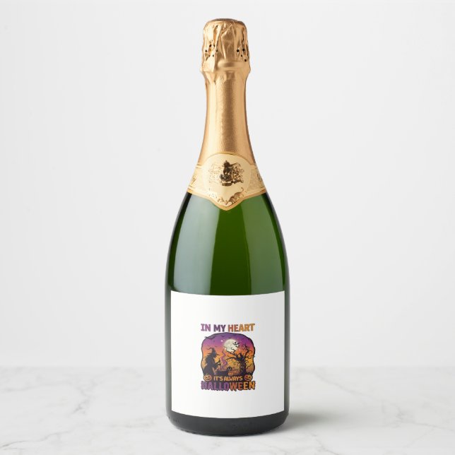 Heart Its Always Halloween Witch Cauldron Tree Moo Sparkling Wine Label (Front)