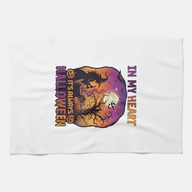 Heart Its Always Halloween Witch Cauldron Tree Moo Tea Towel (Horizontal)
