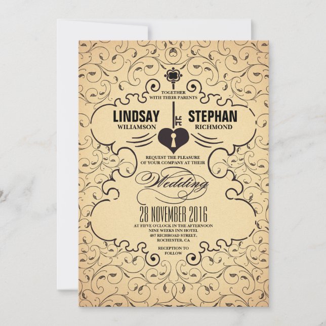 Heart Key Vintage Wedding Invitation (Front)