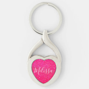 Heart Keychain Glitter Personalised Name Hot Pink