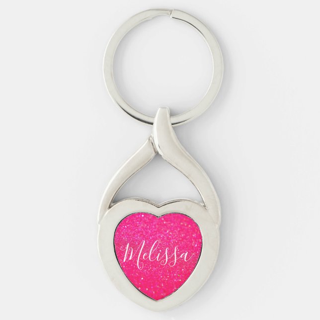 Heart Keychain Glitter Personalised Name Hot Pink (Front)