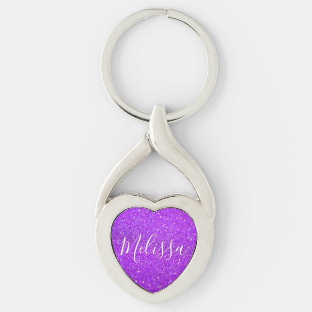 Heart Keychain Glitter Personalised Name Purple (Front)
