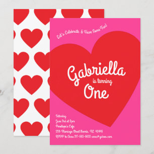 Heart Kids 1st Birthday Party Pink and Red Invitation