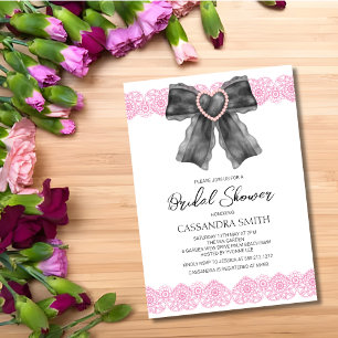 Heart Lace Ribbon Black Bow Bridal Shower  Invitation