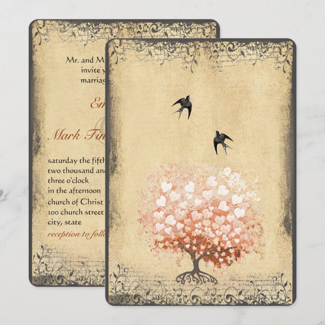 Heart Leaf Coral Peach Bud Tree Love Bird Wedding Invitation (Front/Back)