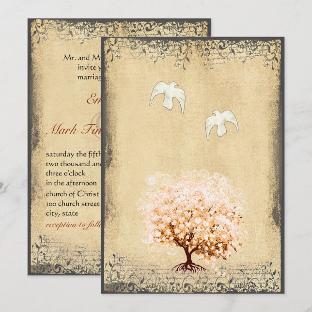 Heart Leaf Coral Tree Dove Love Bird Weddings Invitation (Front/Back)