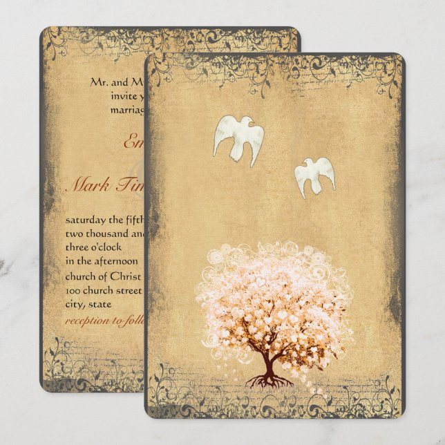 Heart Leaf Coral Tree Dove Love Bird Weddings Invitation (Front/Back)