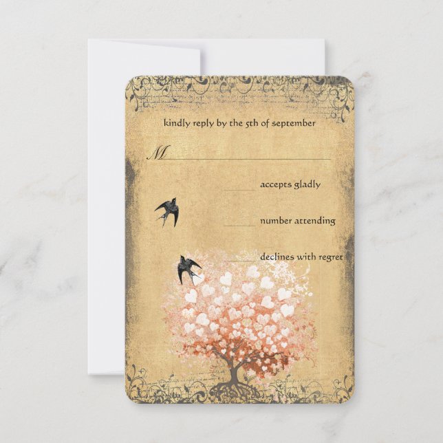 Heart Leaf Coral Tree Love Bird Wedding RSVP (Front)