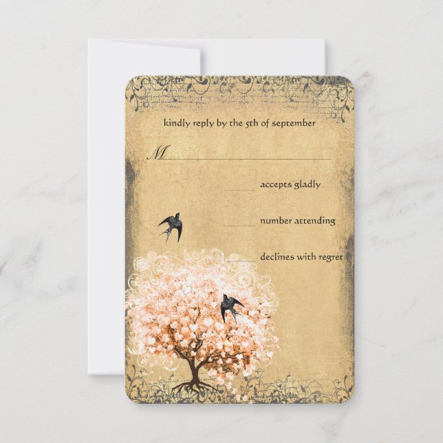Heart Leaf Coral Tree Love Bird Wedding RSVP (Front)