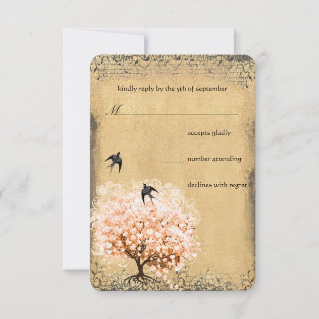 Heart Leaf Coral Tree Love Bird Wedding RSVP Card (Front)