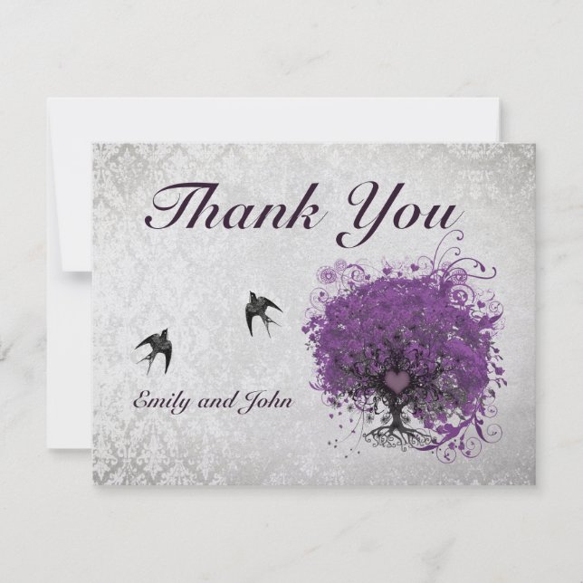 Heart Leaf Eggplant Tree Vintage Birds Thank You (Front)