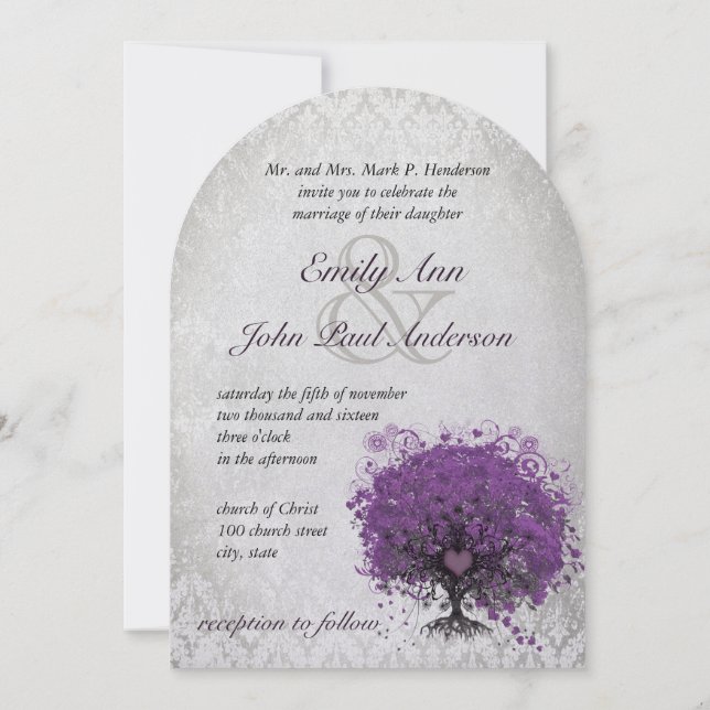 Heart Leaf Eggplant Tree Vintage Damask Wedding Invitation (Back)