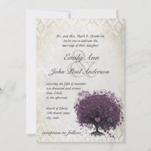 Heart Leaf Eggplant Tree Vintage Damask Wedding Invitation
