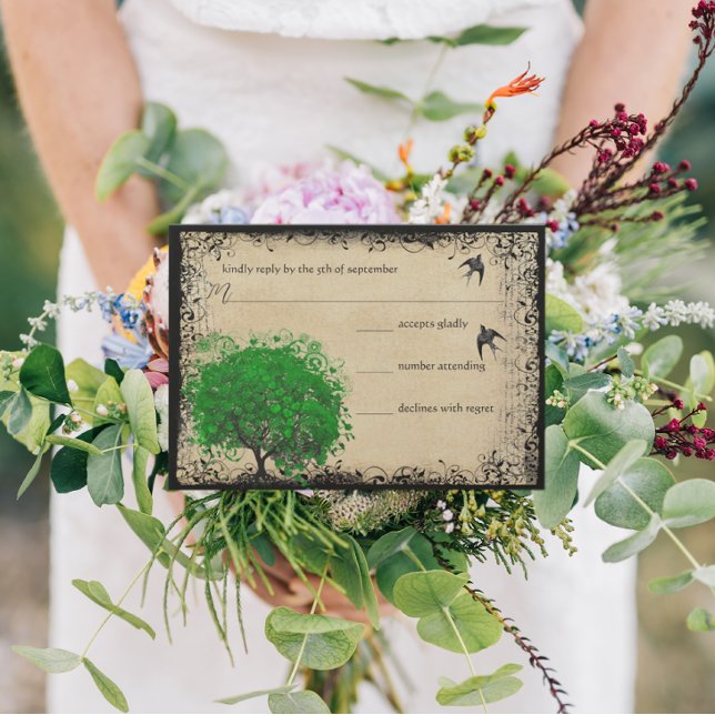 Heart Leaf Emerald Tree Love Bird Wedding RSVP Card (Creator Uploaded)