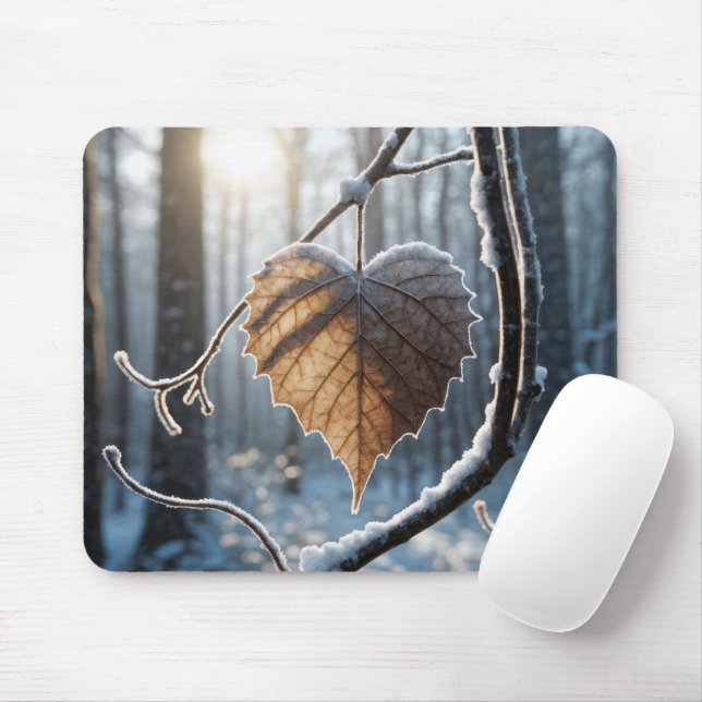 Heart Leaf In Winter Woods Mouse Mat (With Mouse)