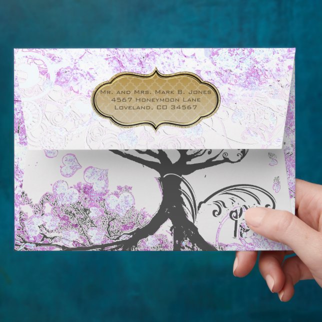 Heart Leaf Lavender Tree Vintage Bird Wedding Envelopes (Hand)