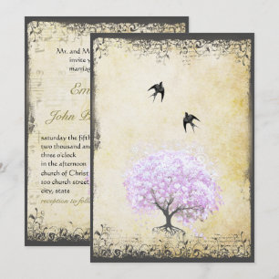 Heart Leaf Lavender Tree Vintage Bird Wedding Invitation