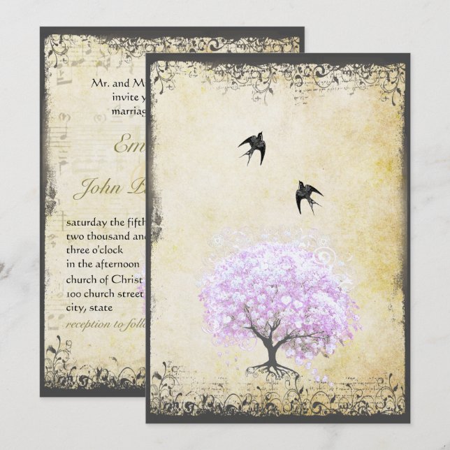 Heart Leaf Lavender Tree Vintage Bird Wedding Invitation (Front/Back)