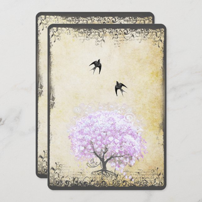 Heart Leaf Lavender Tree Vintage Bird Wedding Invitation (Front/Back)