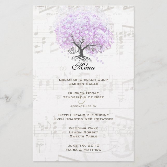 Heart Leaf Lavender Tree Vintage Bird Wedding Menu (Front)