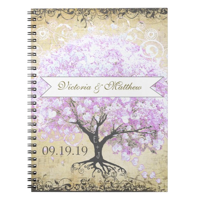 Heart Leaf Lavender Tree Vintage Bird Wedding Notebook (Front)