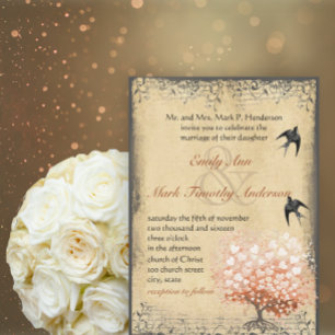 Heart Leaf Light Coral Tree Vintage Birds Weddings Invitation