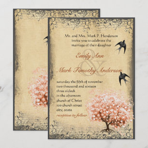 Heart Leaf Light Coral Tree Vintage Birds Weddings Invitation