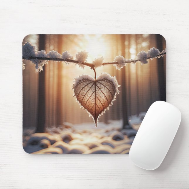 Heart Leaf On Winter Branch Mouse Mat (With Mouse)
