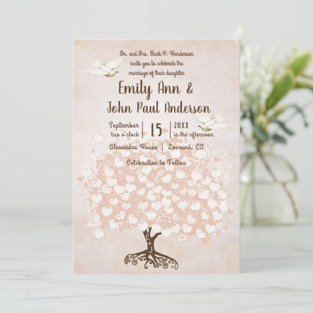 Heart Leaf Pale Blush Pink Tree Dove Wedding Invitation (Standing Front)