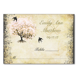 Heart Leaf Pink Tree Vintage Bird Place Card