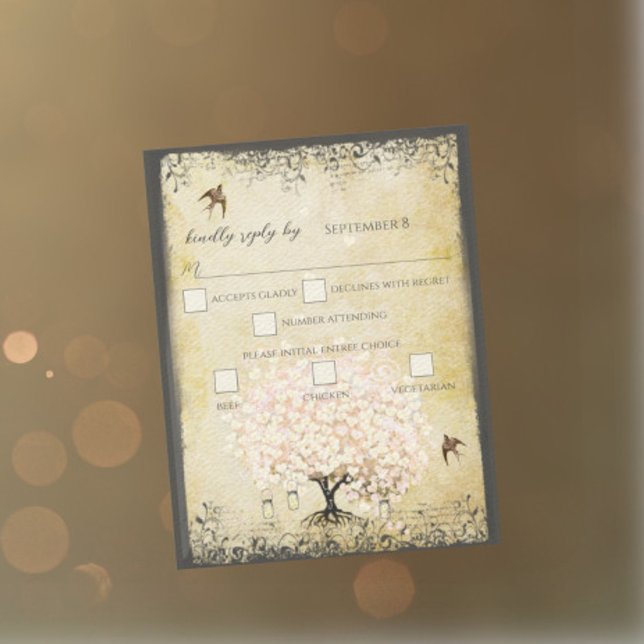 Heart Leaf Pink Tree Vintage Birds Wedding RSVP (Creator Uploaded)