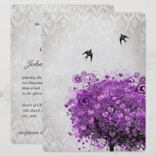 Heart Leaf Radiant Purple Tree Birds Wedding Invitation
