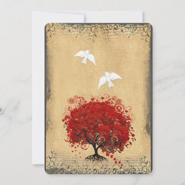 Heart Leaf Red Tree Dove Love Bird Wedding Invite (Front)