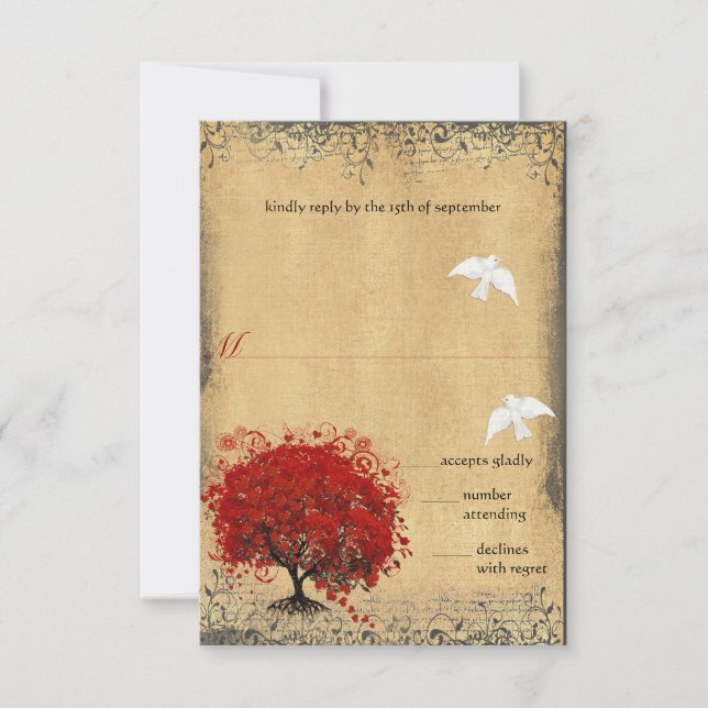 Heart Leaf Red Tree Dove Love Bird Wedding RSVP (Front)