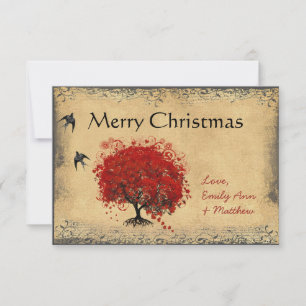 Heart Leaf Red Tree Vintage Bird Christmas Invitation