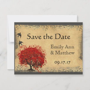 Heart Leaf Red Tree Vintage Bird Save the Date