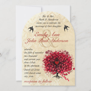 Heart Leaf Red Tree Vintage Birds Wedding Invitation
