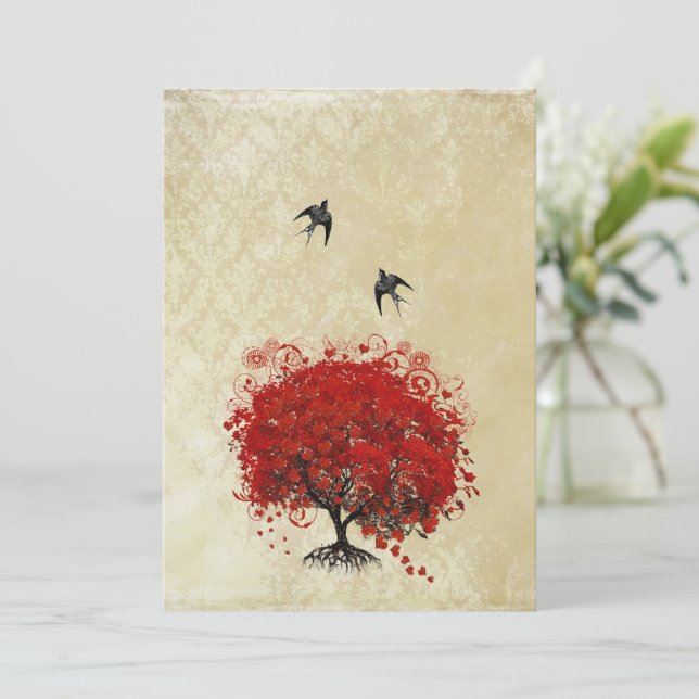 Heart Leaf Red Tree Vintage Birds Wedding Invites (Standing Front)