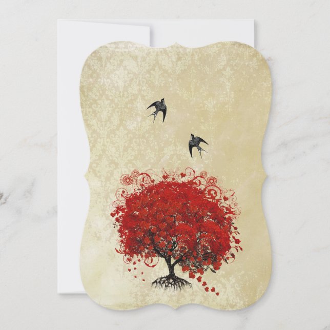 Heart Leaf Red Tree Vintage Birds Wedding Invites (Front)