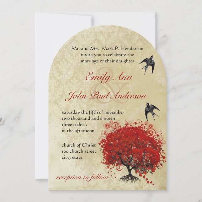 Heart Leaf Red Tree Vintage Birds Wedding Invites (Back)