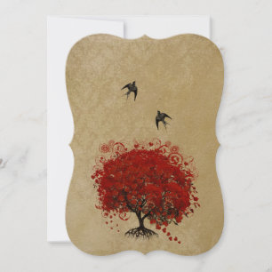 Heart Leaf Red Tree Vintage Birds Wedding Invites
